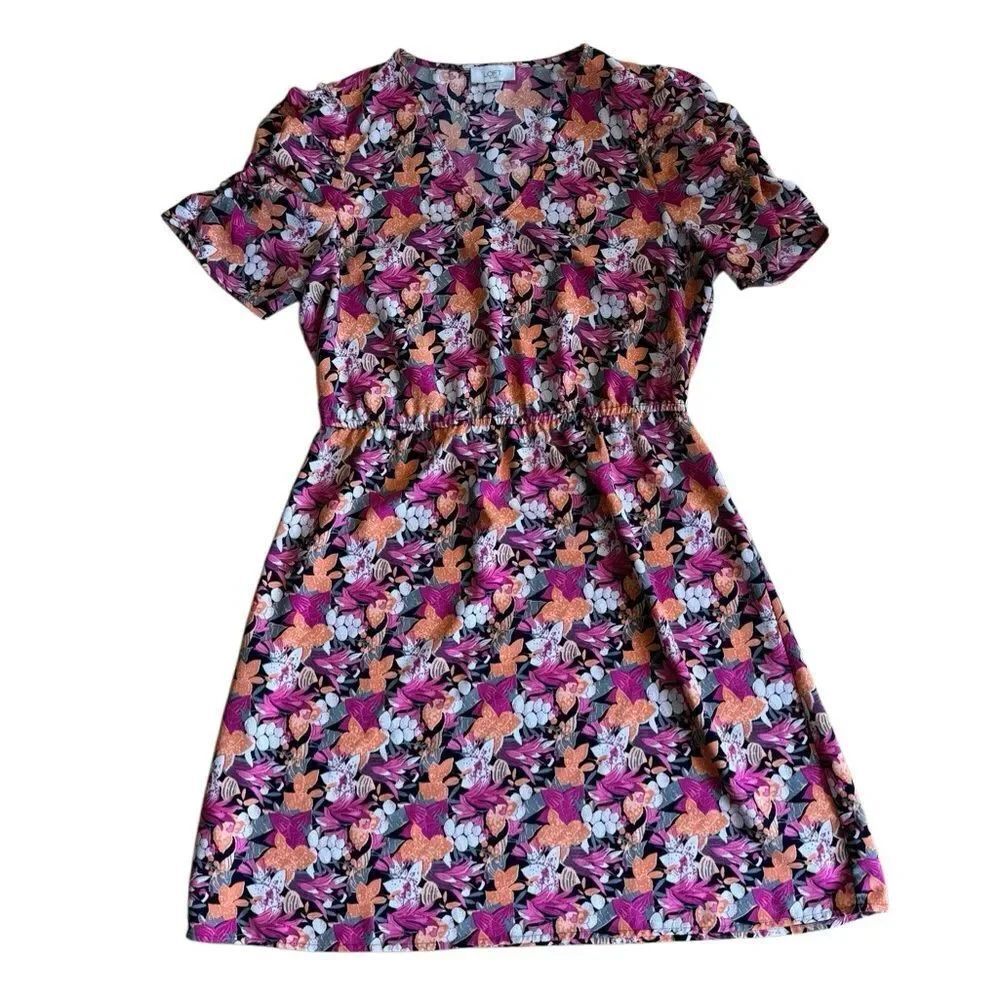 LOFT Women's V Neck Ruched Sleeve Multi Color Floral Mini Dress Size Medium